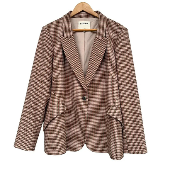 L'Agence Chamberlain Houndstooth Blazer Jacket Tan Brown Red Size 16 - Picture 1 of 5